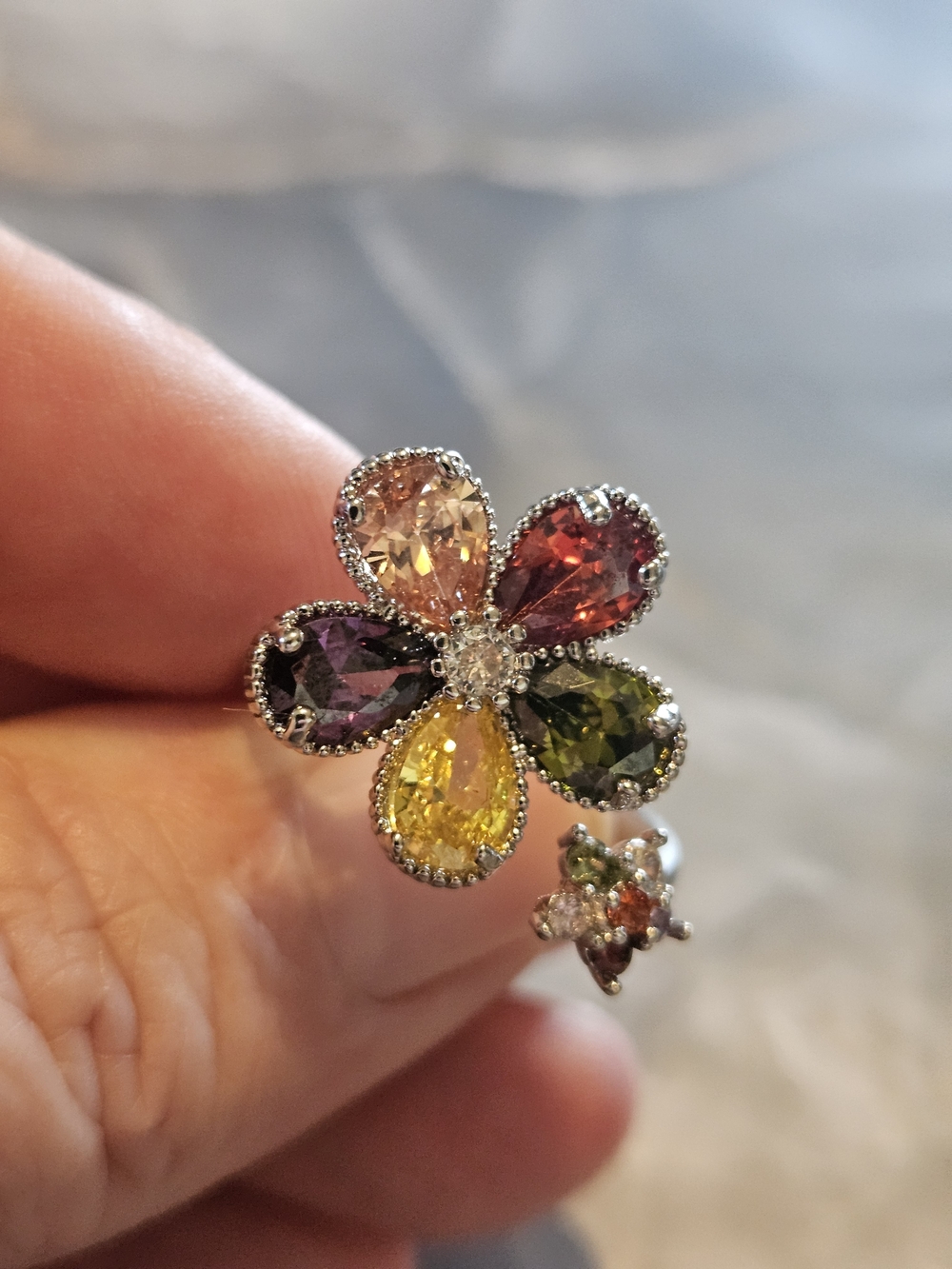 Multicolor Gemstone Flower Ring - Silver Tone